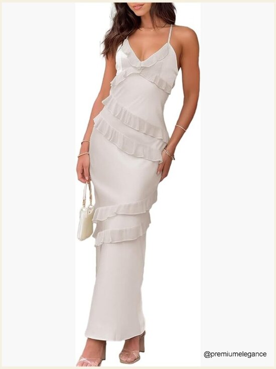 Dresses & Skirts - Satin Maxi Dress with V-Neck Ruffle Spaghetti Strap Tie Backless Formal